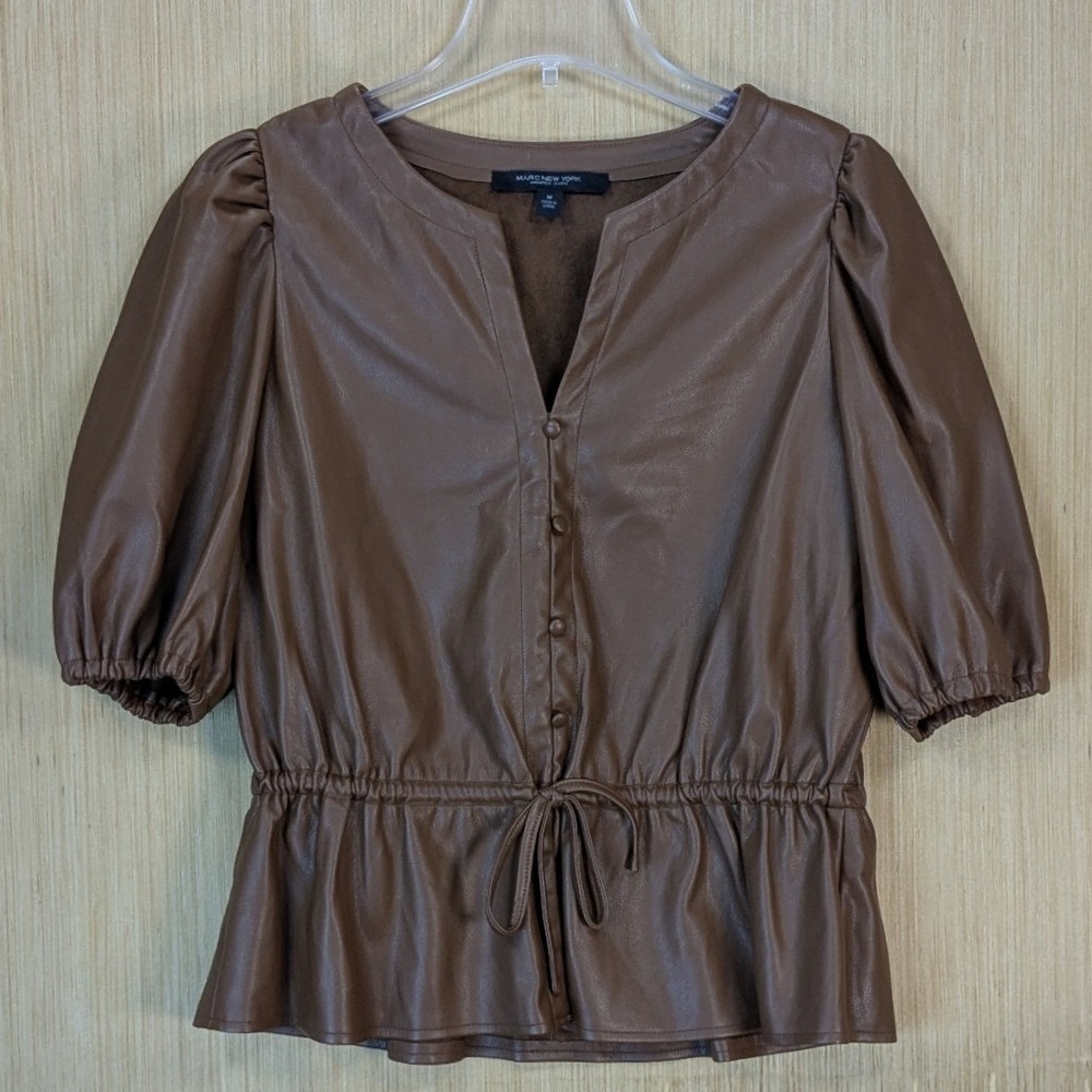 Women's Brown Vegan Faux Leather Peplum Top‎ Puff Sleeve Medium Mobwife Chic